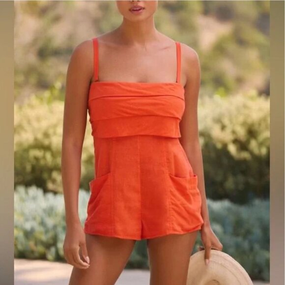 NWT Anthropologie | Orange Strapless Linen Romper, XS - Picture 1 of 12